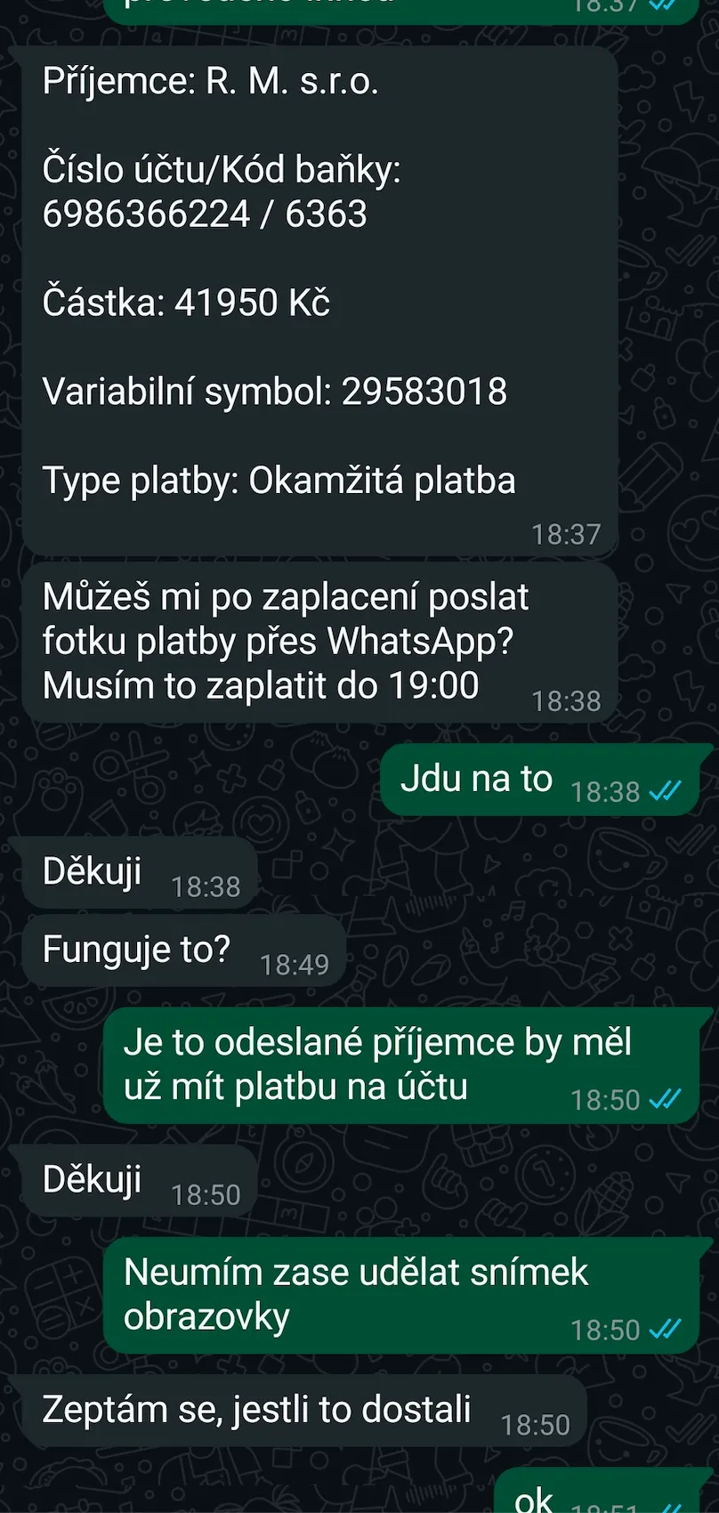 Zadání první platby na 41 950 Kč s variabilním symbolem a termínem do 19:00