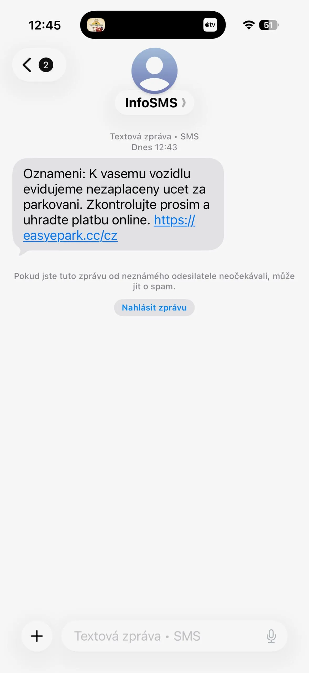 Podvodná SMS o nezaplaceném parkovném – ukázka EasyPark podvodu