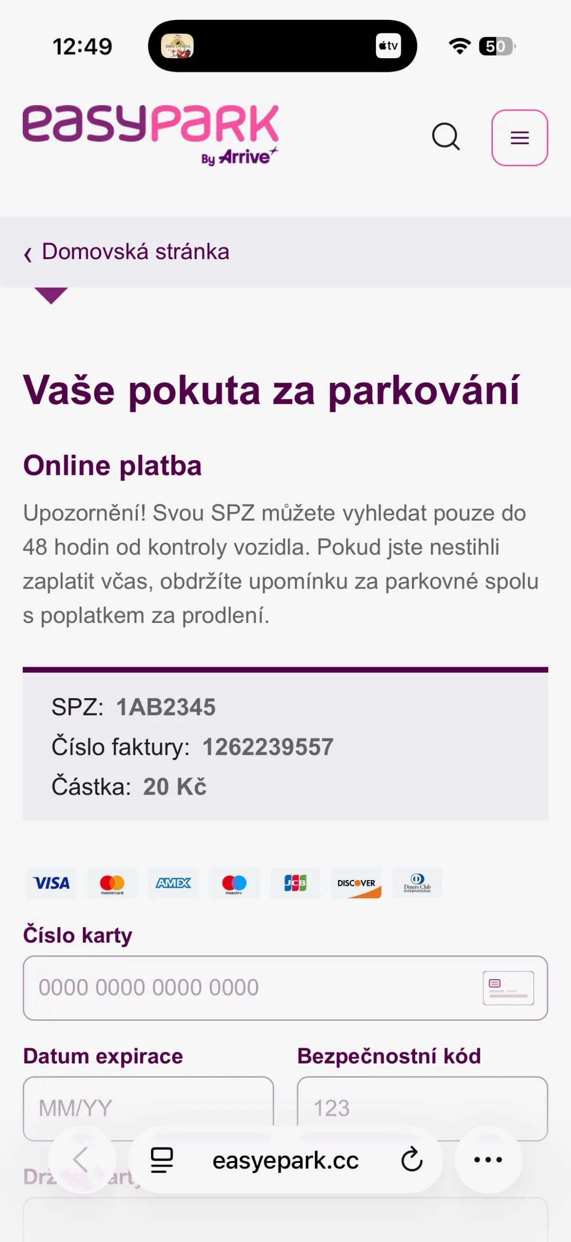 Potvrzení vymyšleného dluhu po zadání vzorové SPZ z placeholderu – důkaz EasyPark podvodu