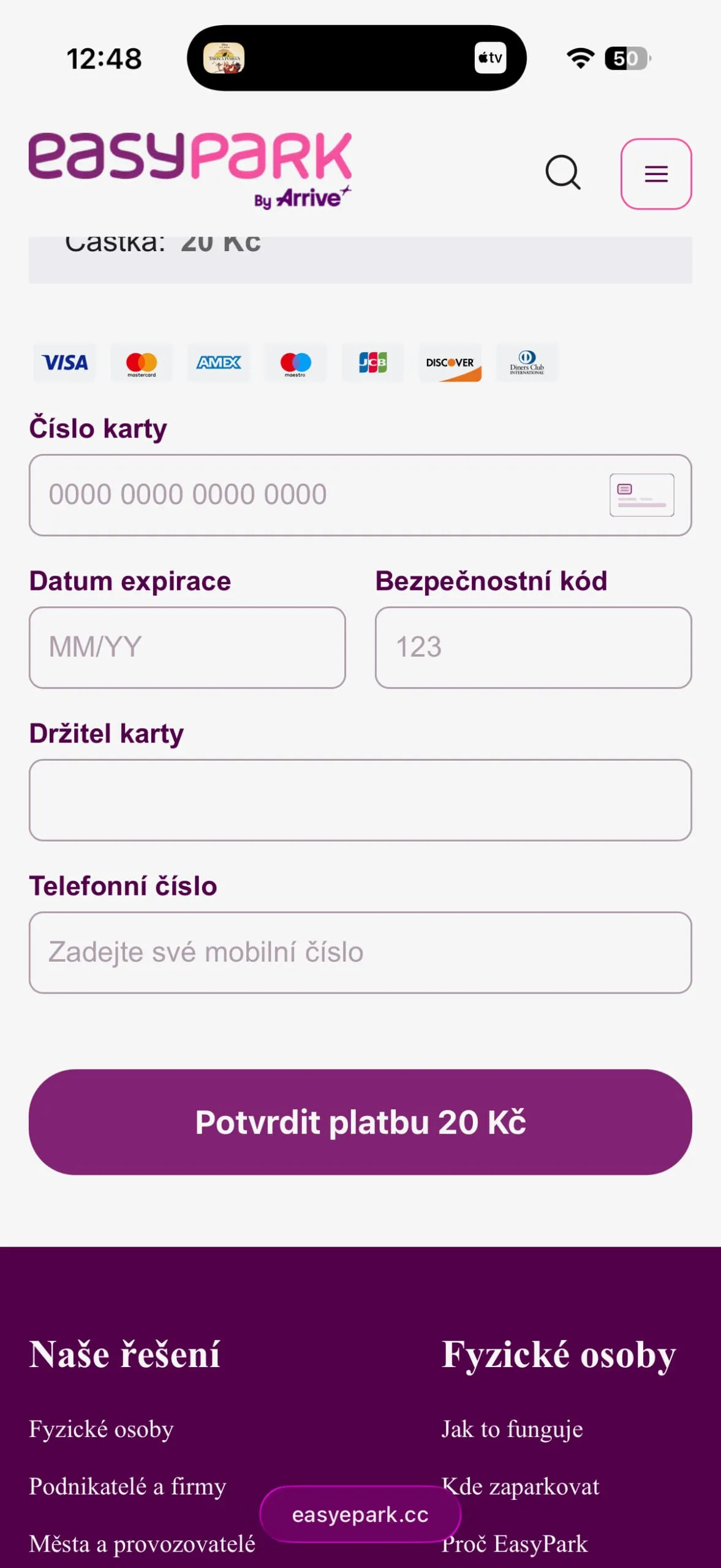 Platební formulář vyžadující číslo karty i telefon – poslední krok EasyPark podvodu