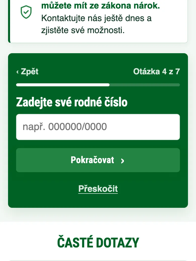 Čtvrtá otázka dotazníku: Zadejte své rodné číslo, s tlačítkem Přeskočit