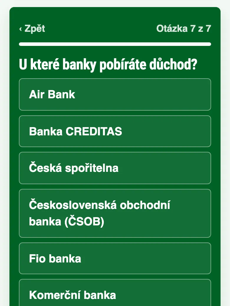 Sedmá otázka dotazníku: U které banky pobíráte důchod, seznam deseti bank