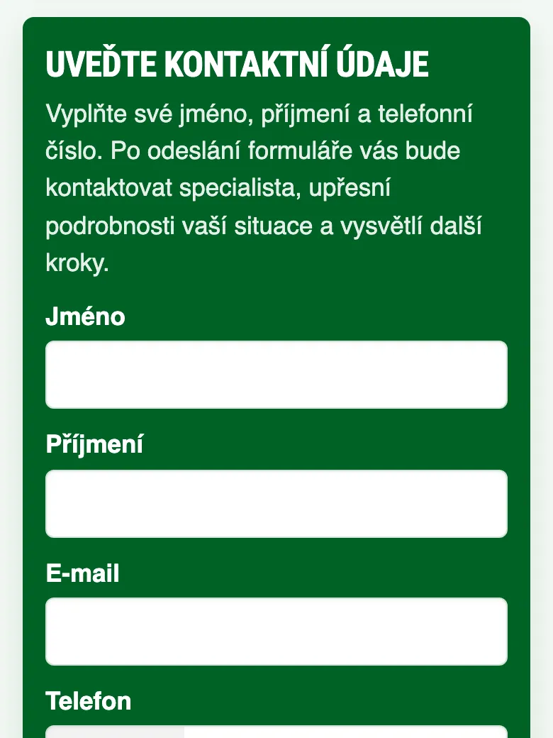Závěrečný formulář: jméno, příjmení, e-mail, telefon a tlačítko Odeslat žádost
