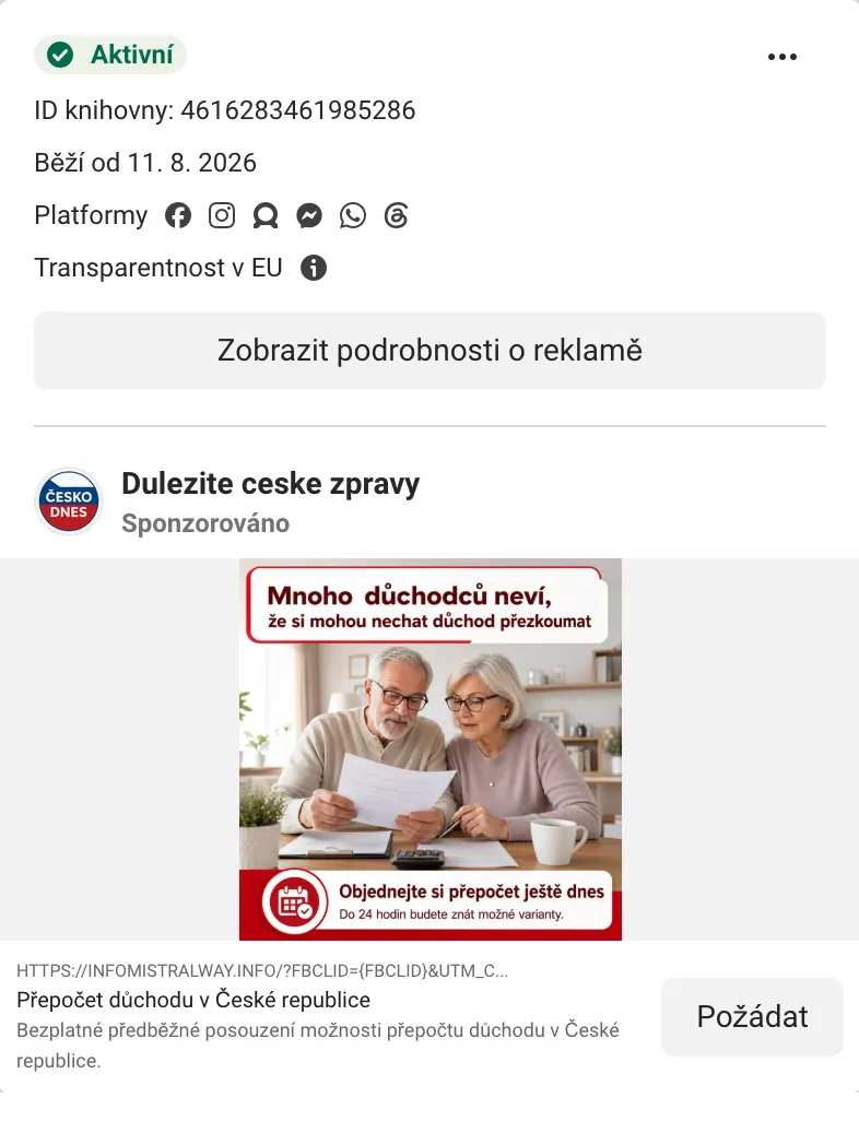 Reklama s fotografií seniorského páru: Mnoho důchodců neví, že si mohou nechat důchod přezkoumat
