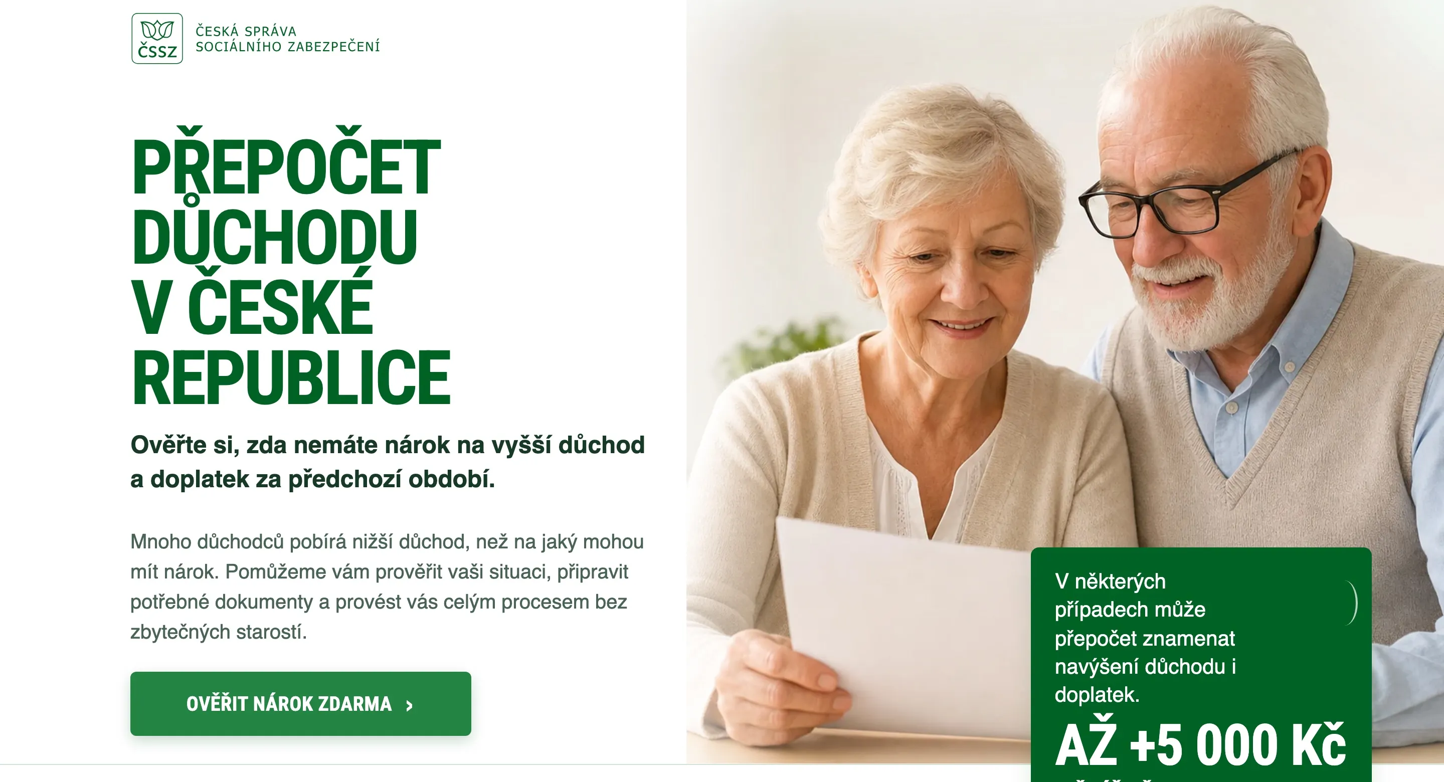 Podvodný web „Přepočet důchodu v České republice“ s logem ČSSZ a slibem až 5 000 Kč měsíčně navíc